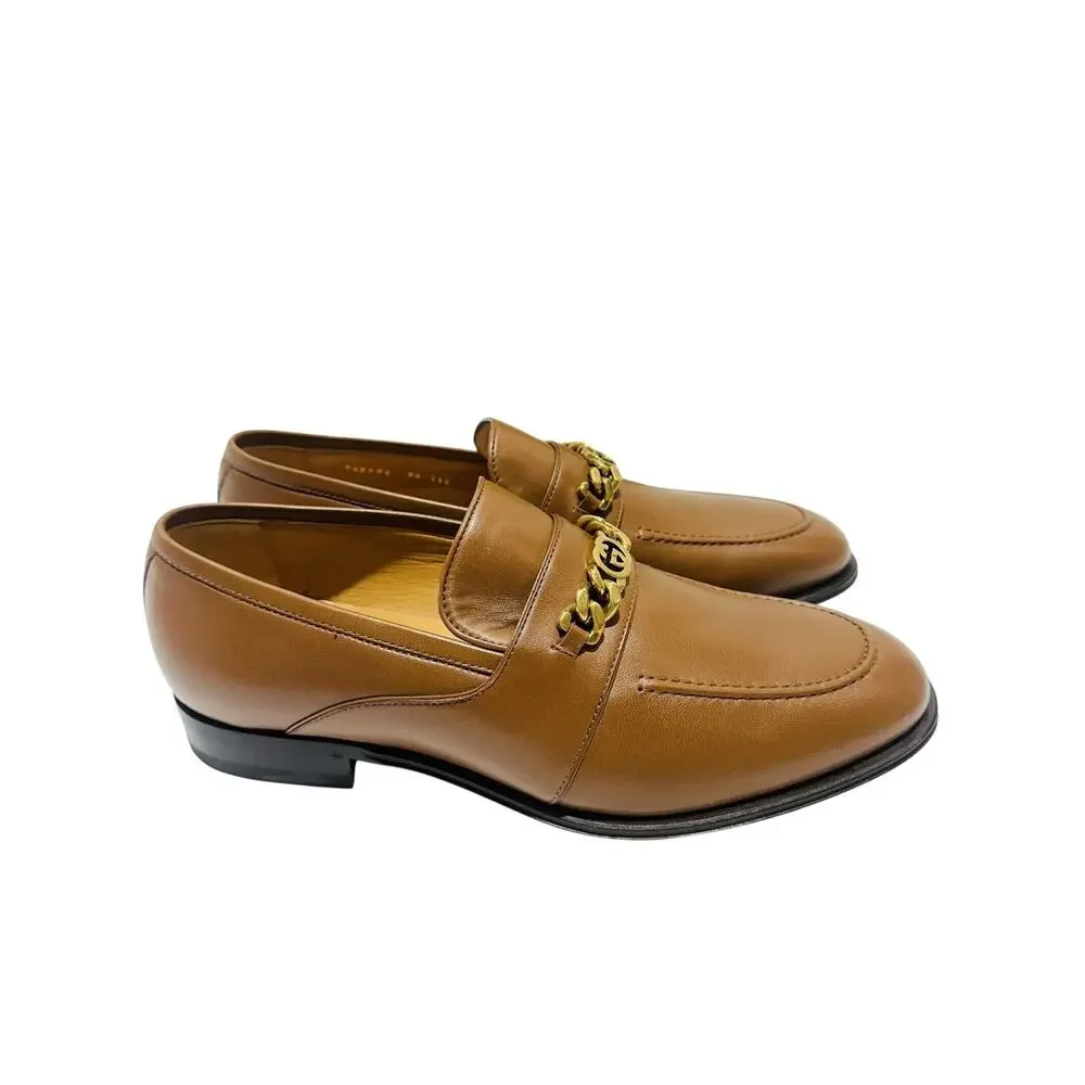 Gucci Chain Interlocking GG 9.5/ US 10 Loafer Brown Italian Leather Shoe NIB